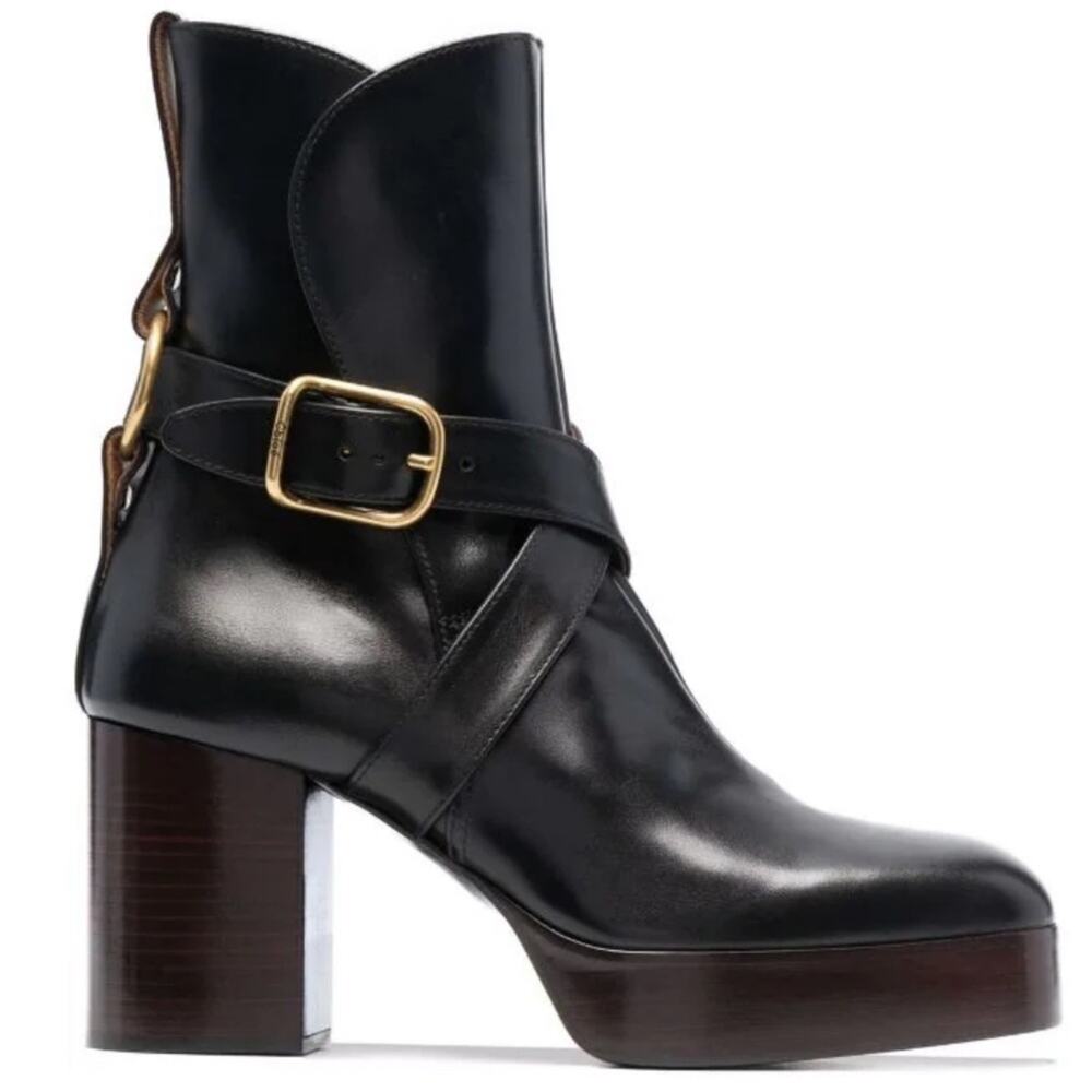 Chloé Women's Black Stacked Block Heel Izzie Platform Ankle Boots sz 39/US 9